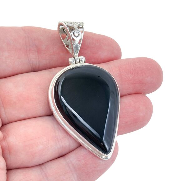 Vintage Sterling Silver 925 Teardrop Onyx Pendant - Picture 1 of 7